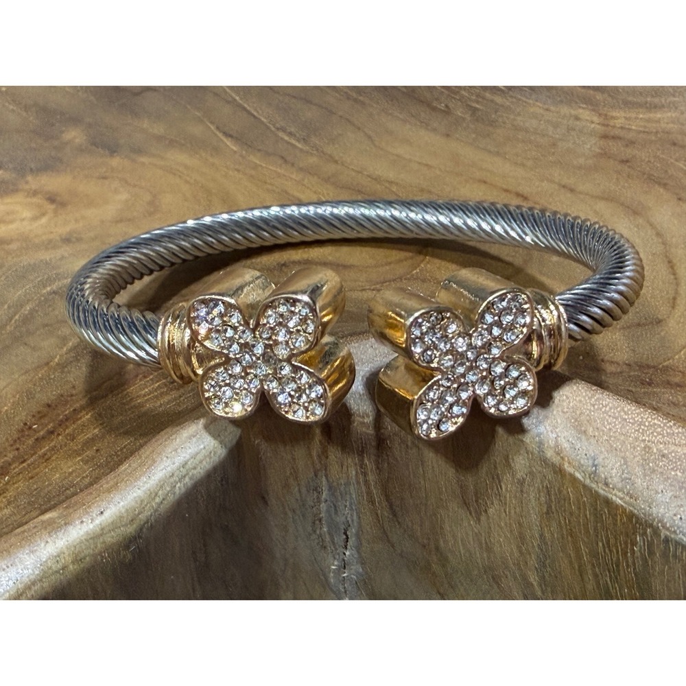 Two Tone Twisted Cable Cuff Bracelet Gold Silver Clover Pavé Crystal 6.75 Inch